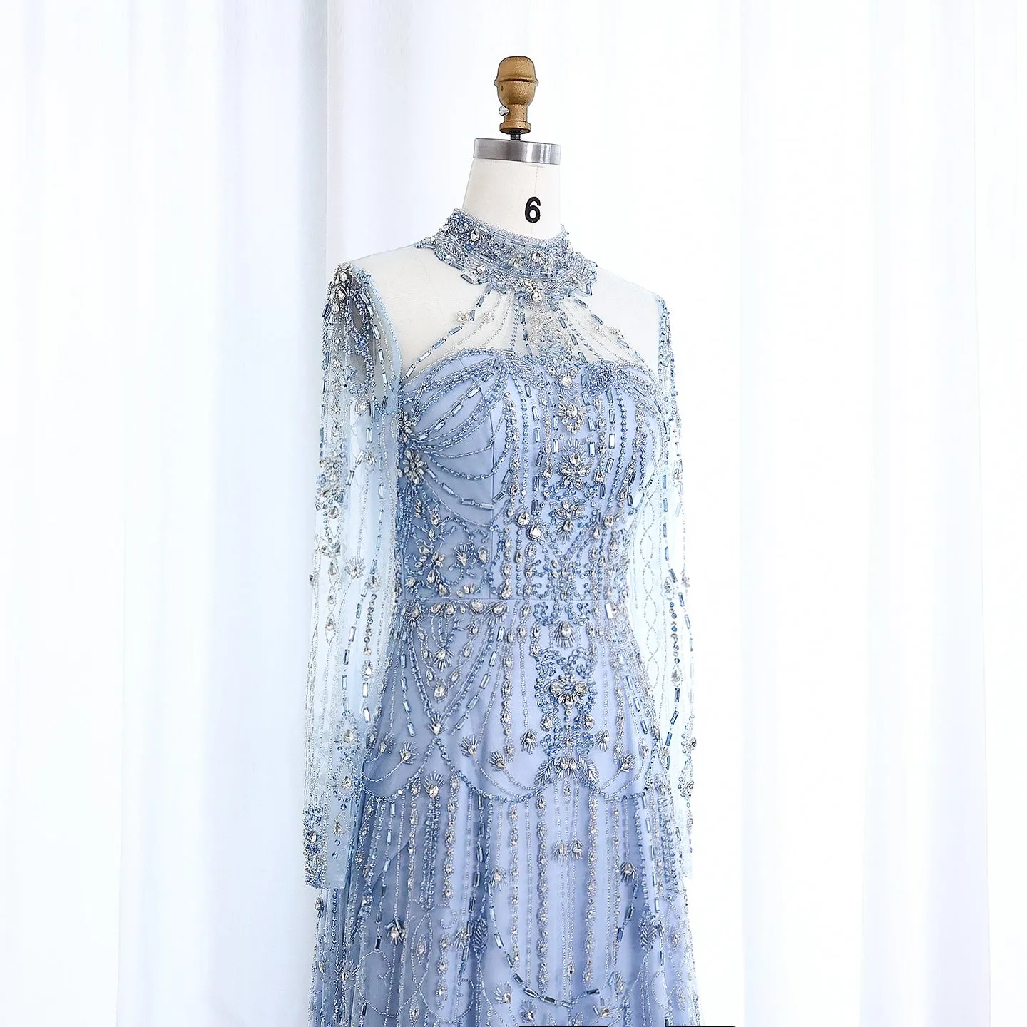 Luxury Blue Long Sleeves High Neck Evening Dress SS587