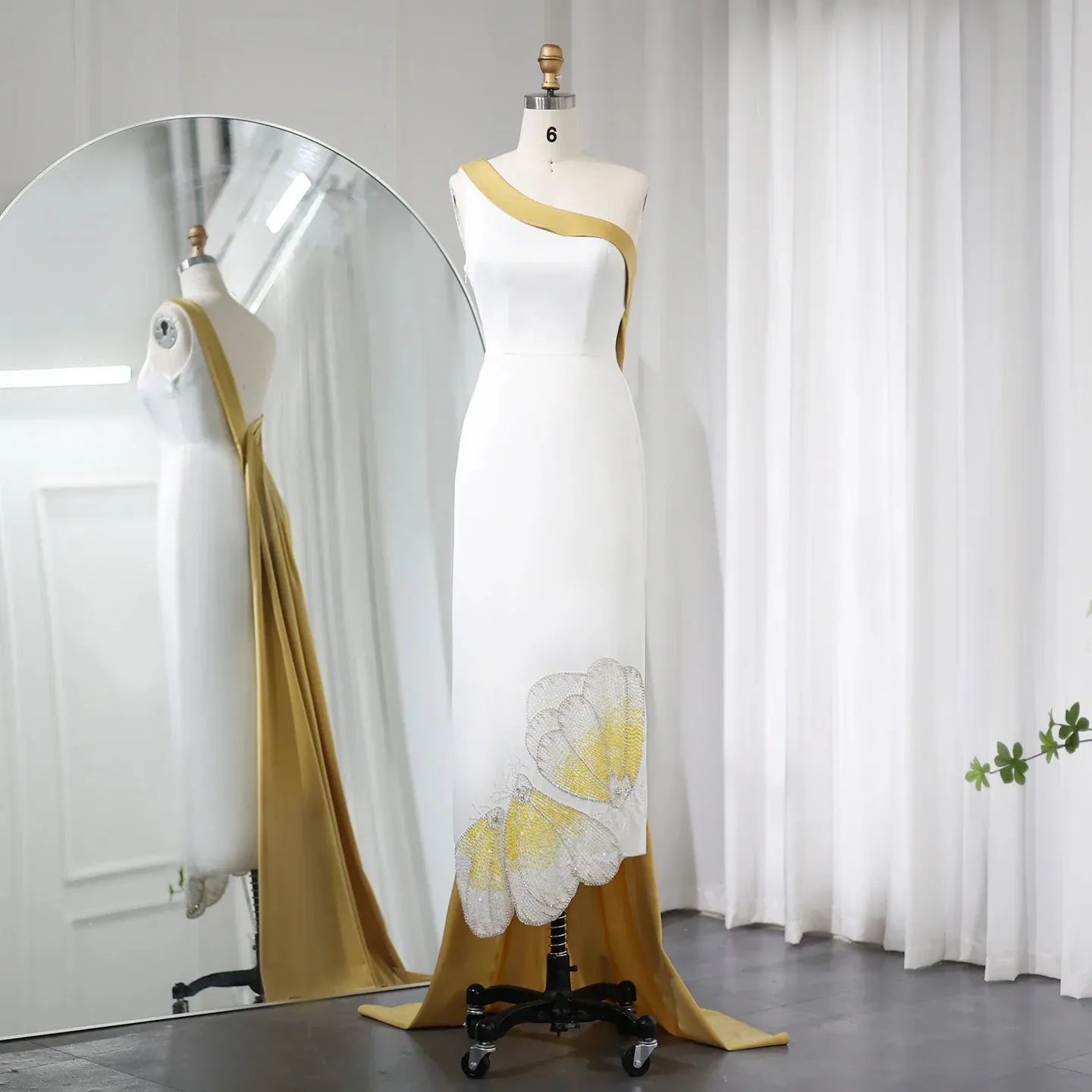 Luxury Butterfly Beaded One Shoulder White Evening Dress SS475