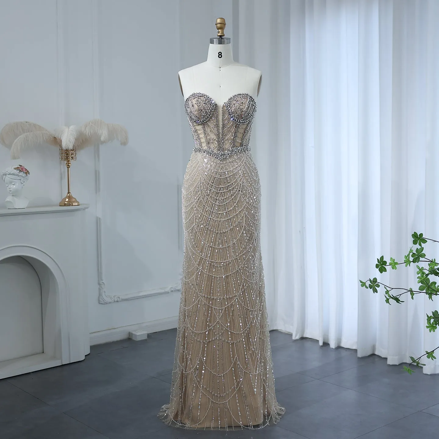 Luxury Crystal Nude Strapless Evening Dress SS223