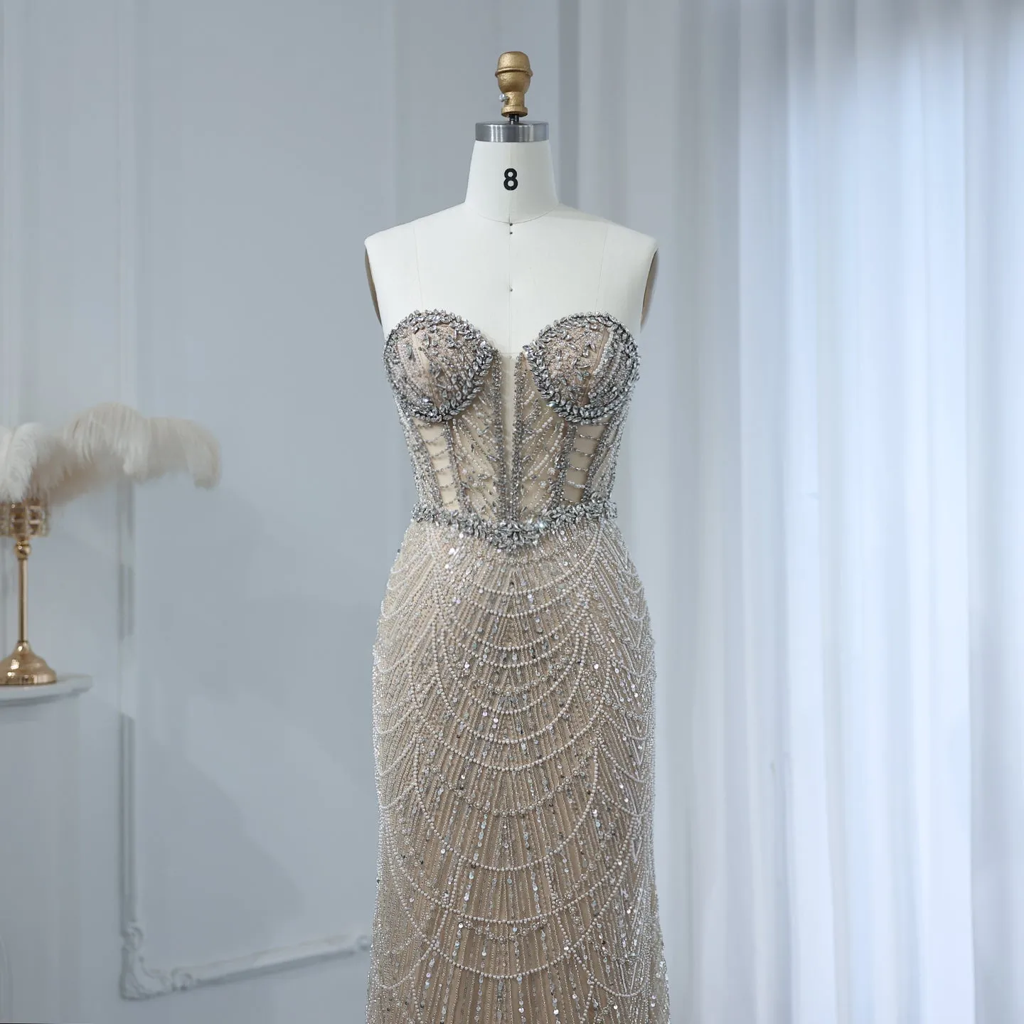 Luxury Crystal Nude Strapless Evening Dress SS223