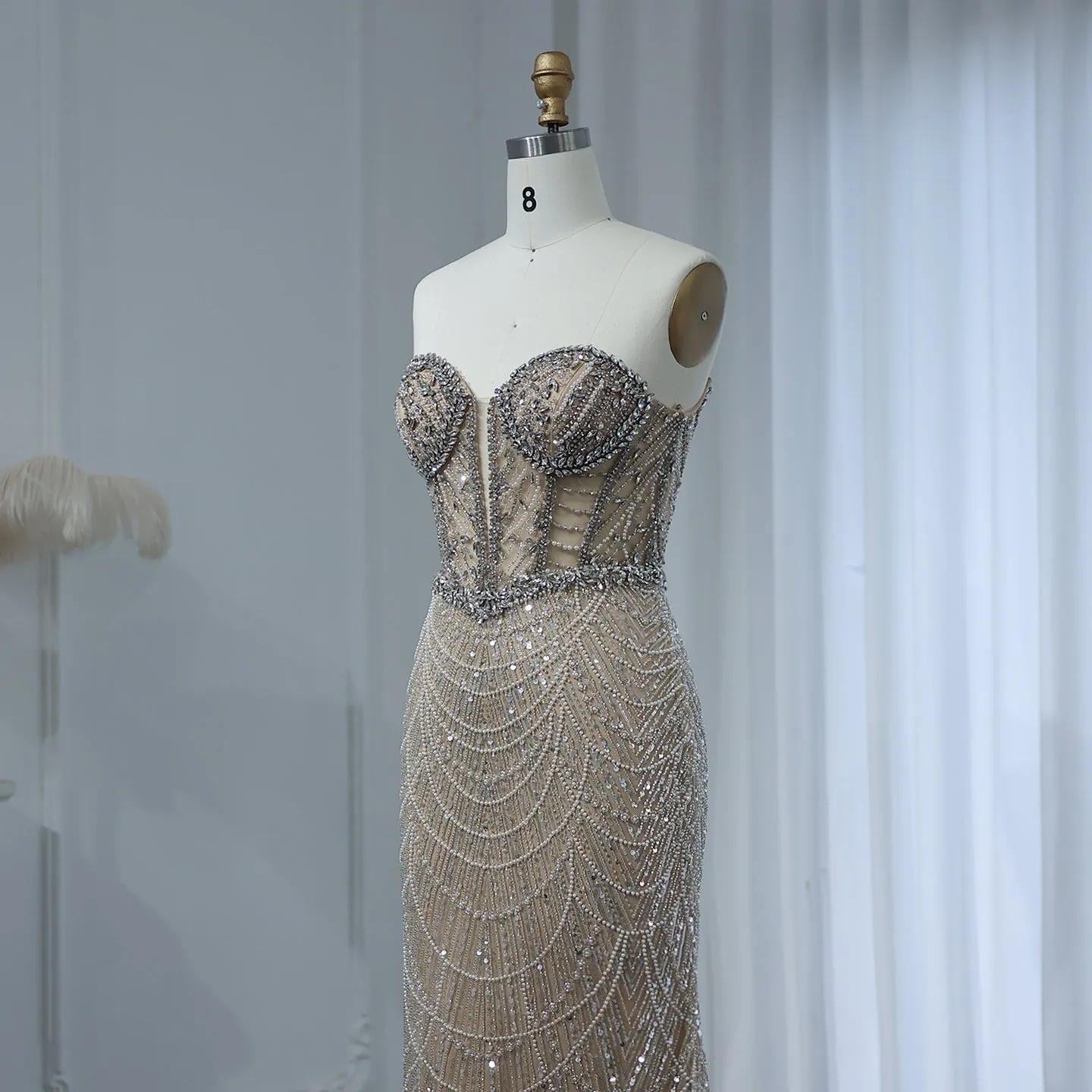 Luxury Crystal Nude Strapless Evening Dress SS223