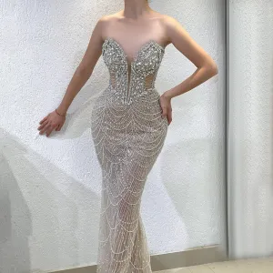 Luxury Crystal Nude Strapless Evening Dress SS223