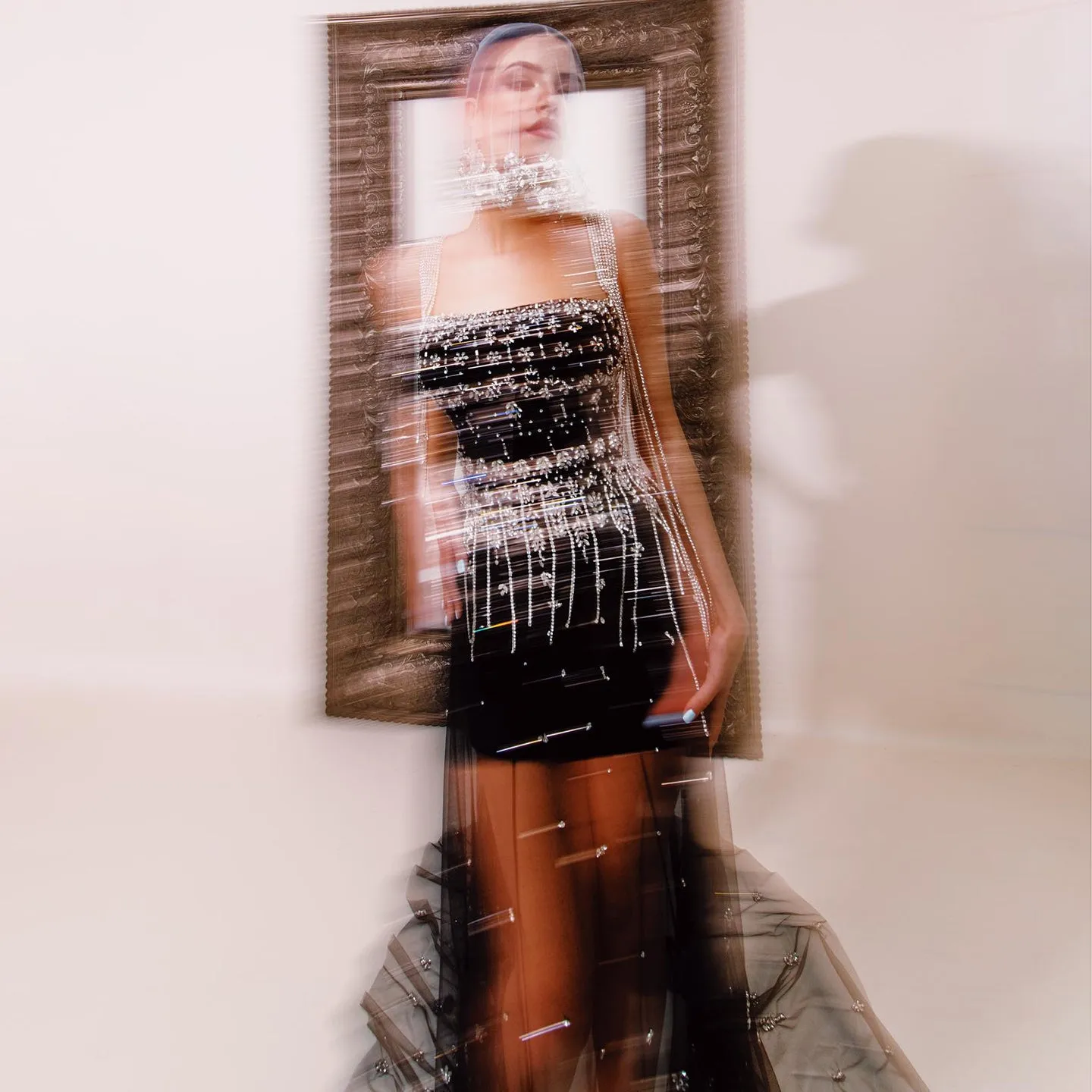 Luxury Crystal Tassel Black Evening Dress with Straps / Cape SS294