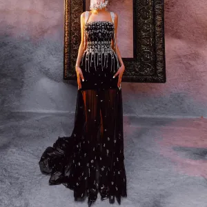 Luxury Crystal Tassel Black Evening Dress with Straps / Cape SS294