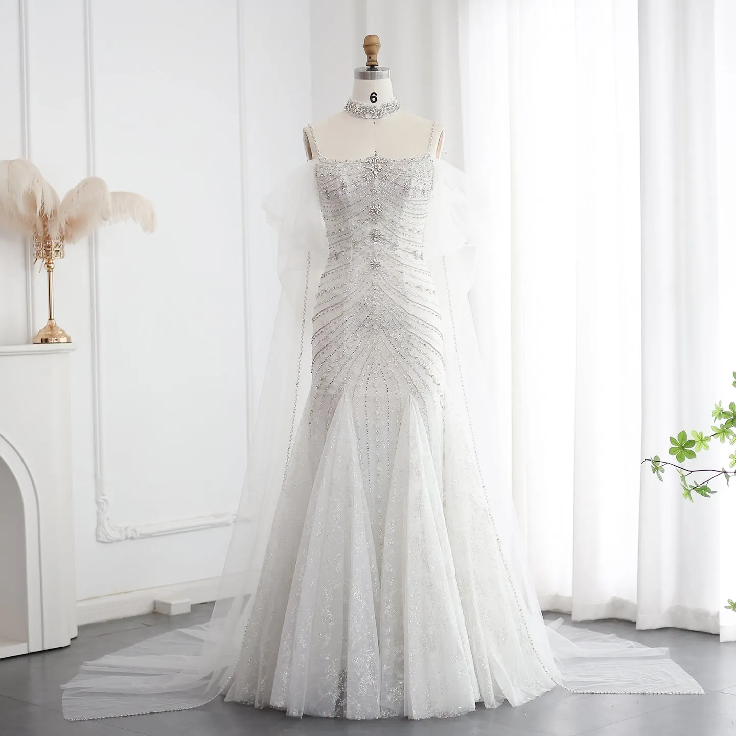 Luxury Crystal White Mermaid Wedding Dress with Bow Cape SS527