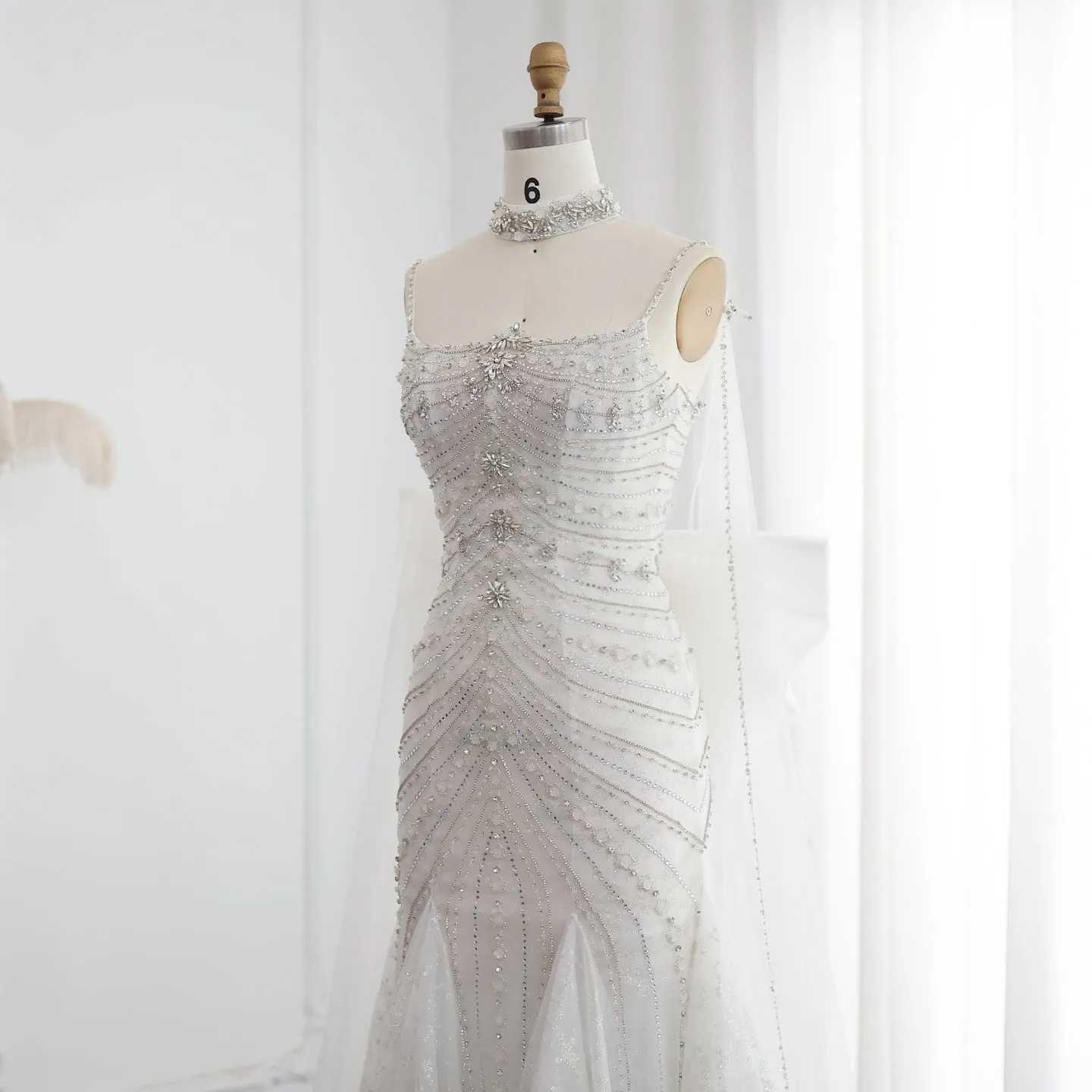 Luxury Crystal White Mermaid Wedding Dress with Bow Cape SS527