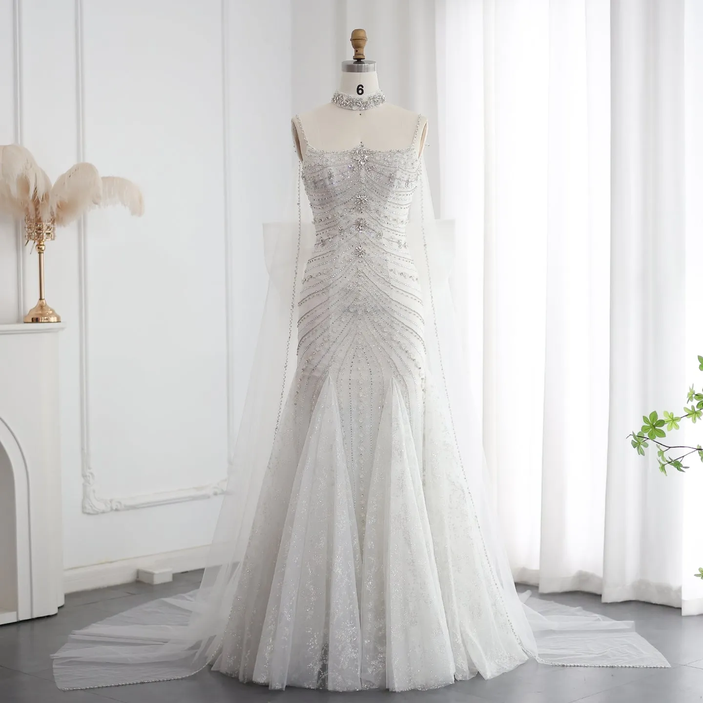Luxury Crystal White Mermaid Wedding Dress with Bow Cape SS527