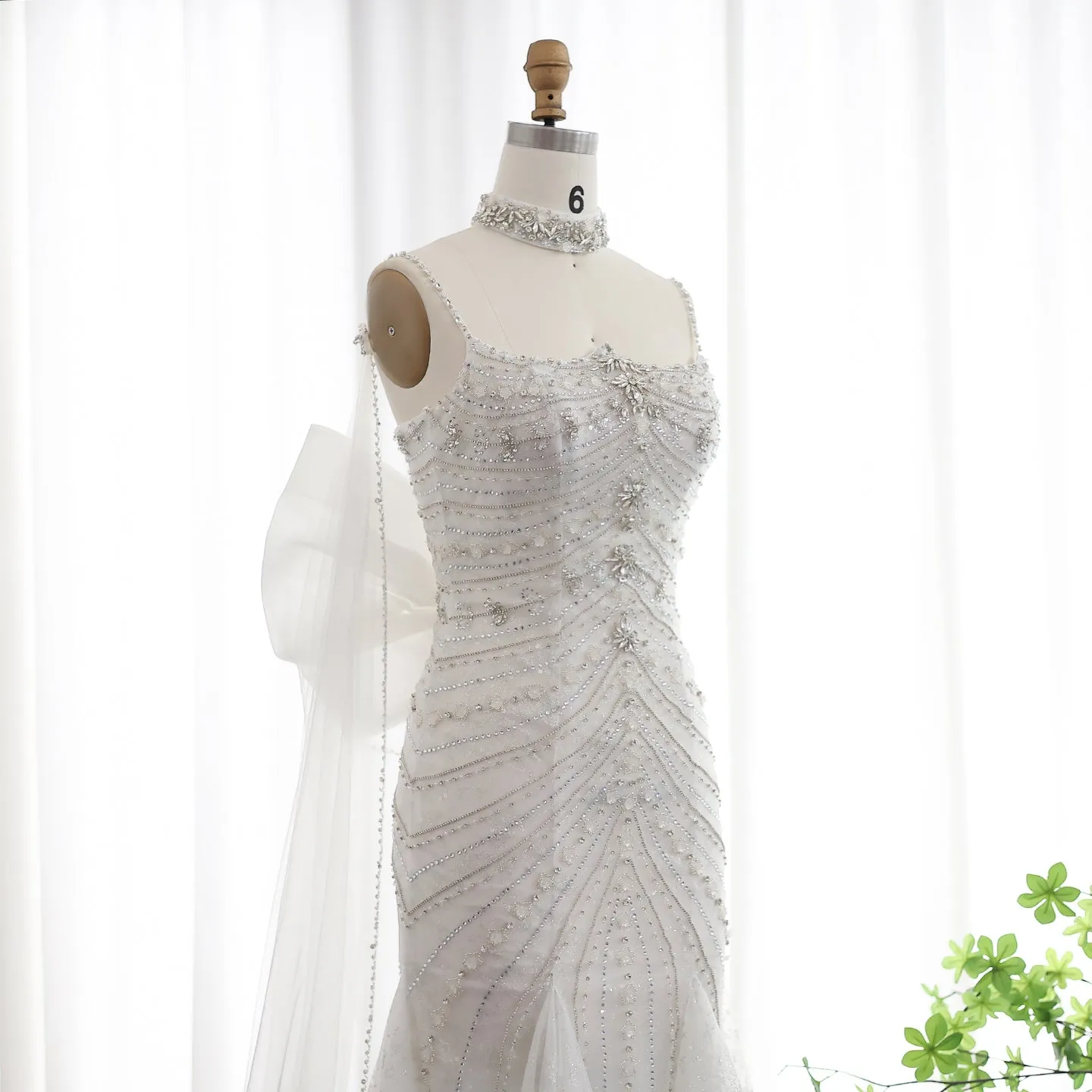 Luxury Crystal White Mermaid Wedding Dress with Bow Cape SS527