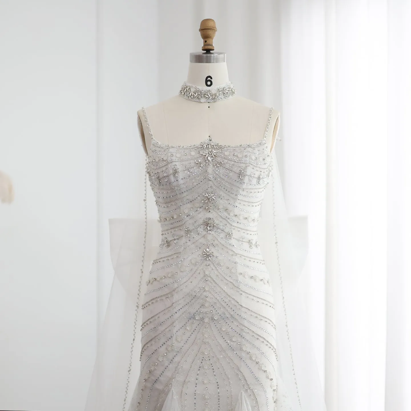 Luxury Crystal White Mermaid Wedding Dress with Bow Cape SS527