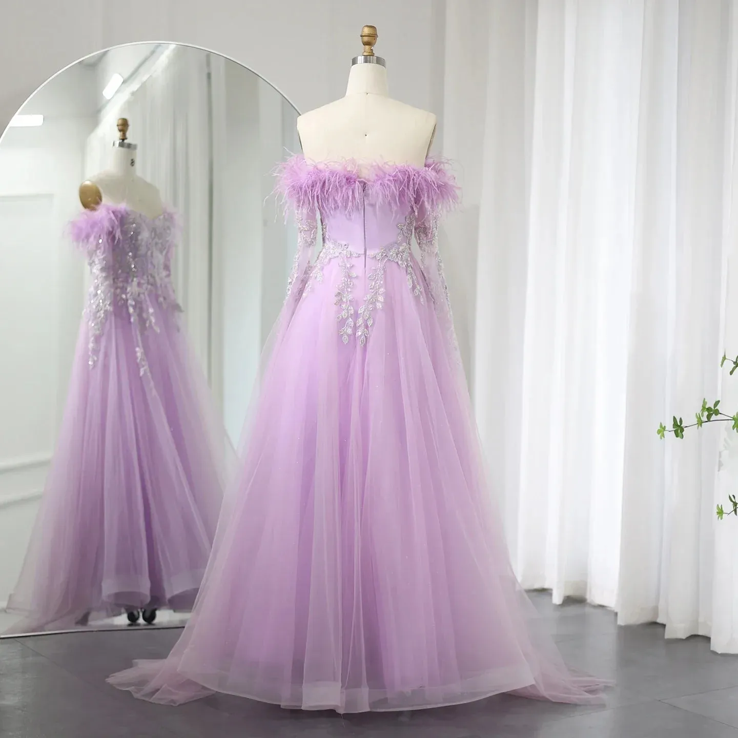 Luxury Feather Beaded Lilac Off Shoulder Evening Dress SS262