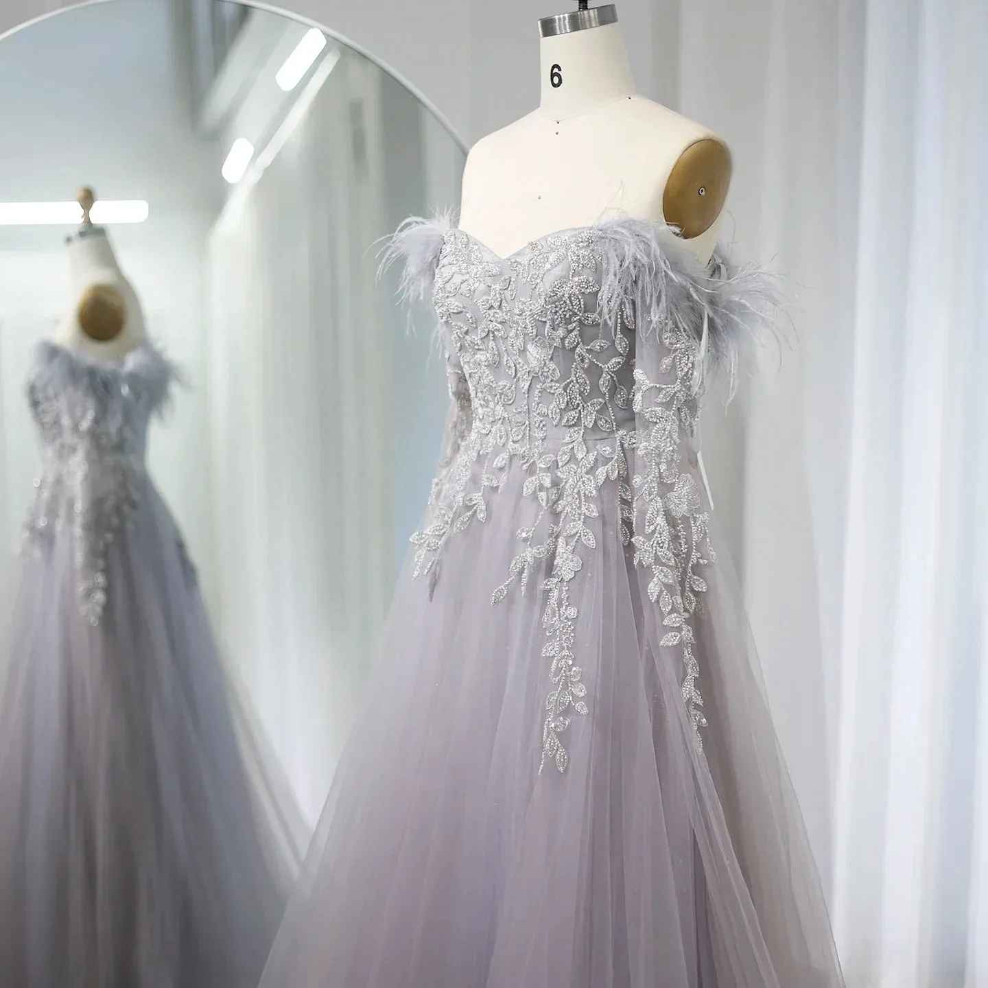 Luxury Feather Beaded Lilac Off Shoulder Evening Dress SS262