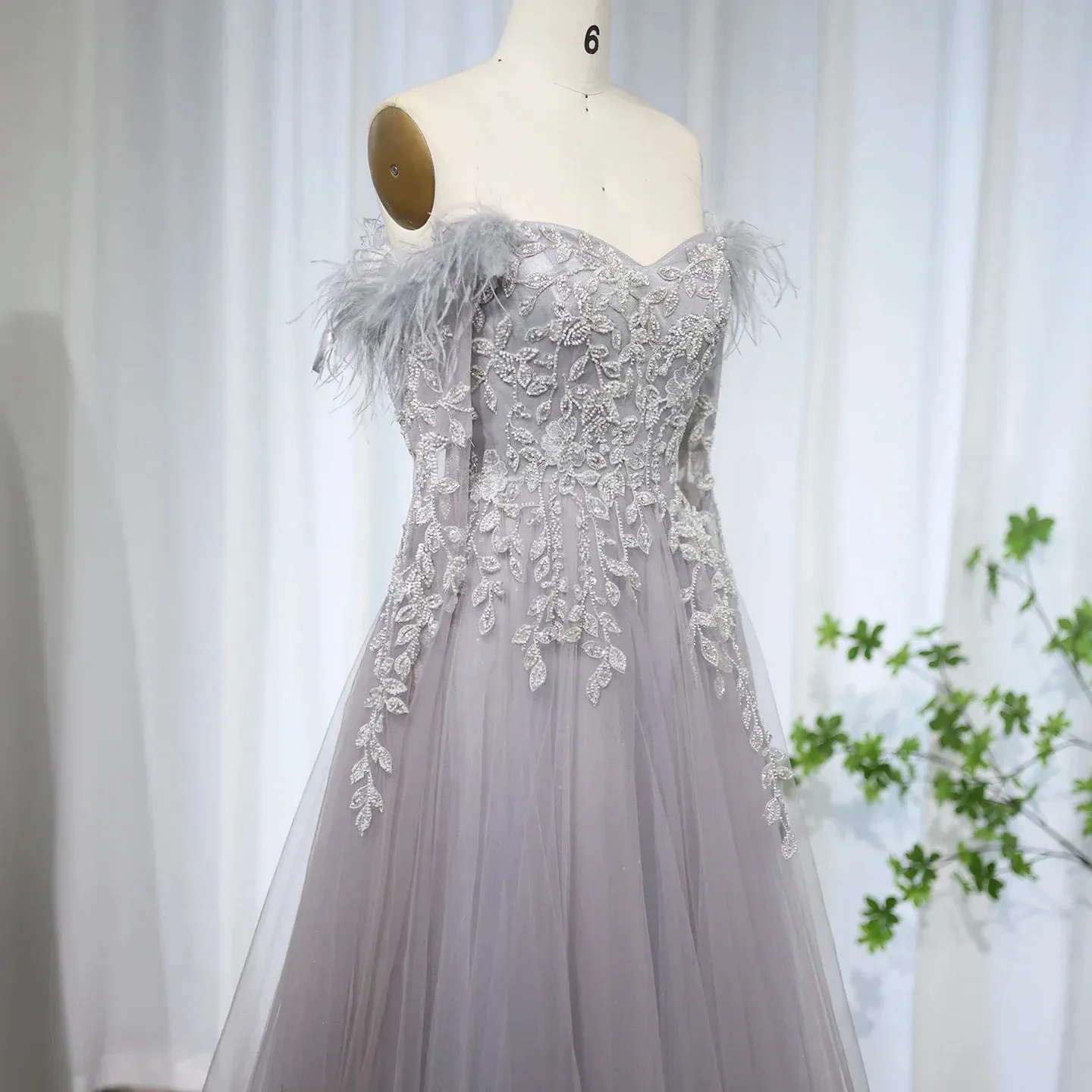 Luxury Feather Beaded Lilac Off Shoulder Evening Dress SS262
