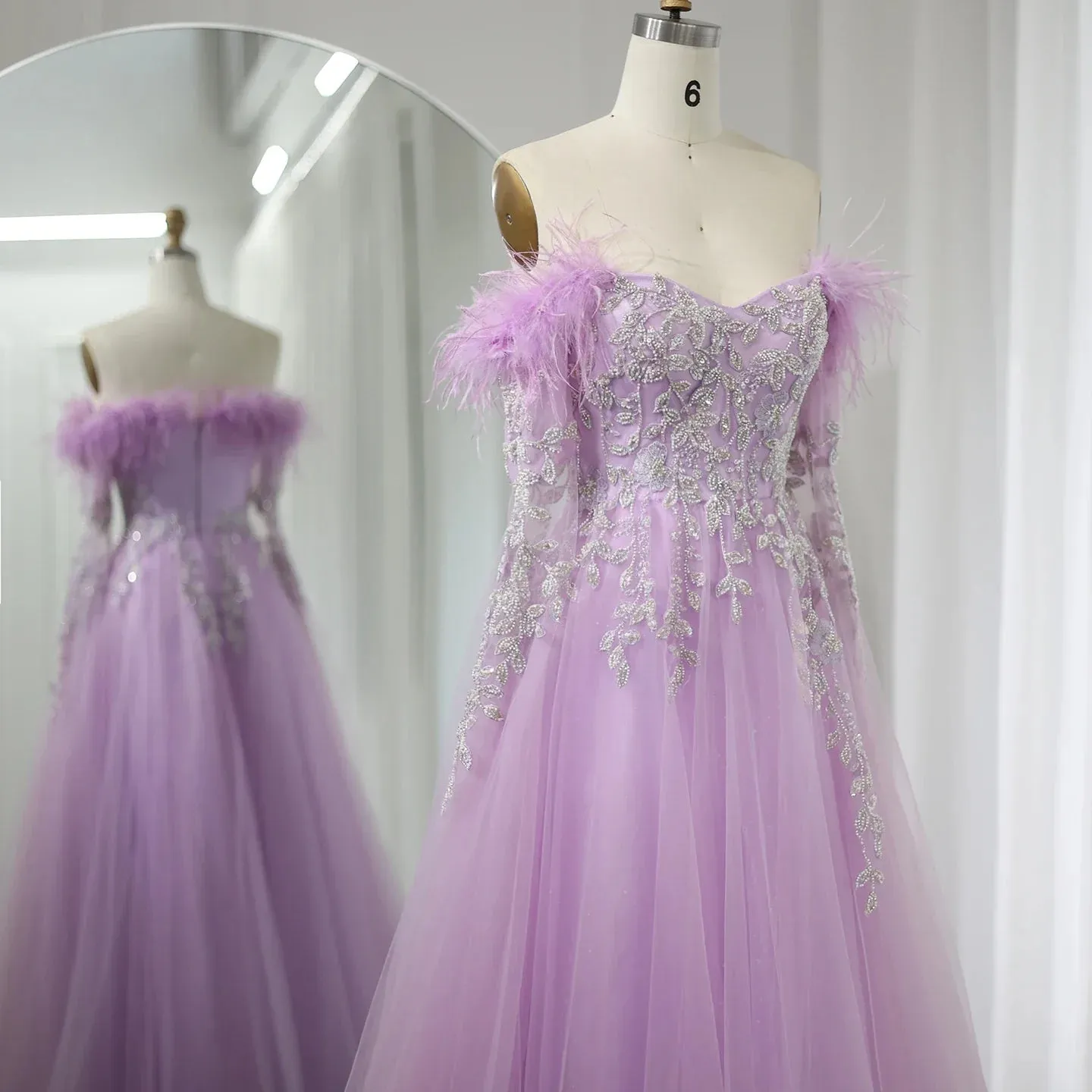 Luxury Feather Beaded Lilac Off Shoulder Evening Dress SS262