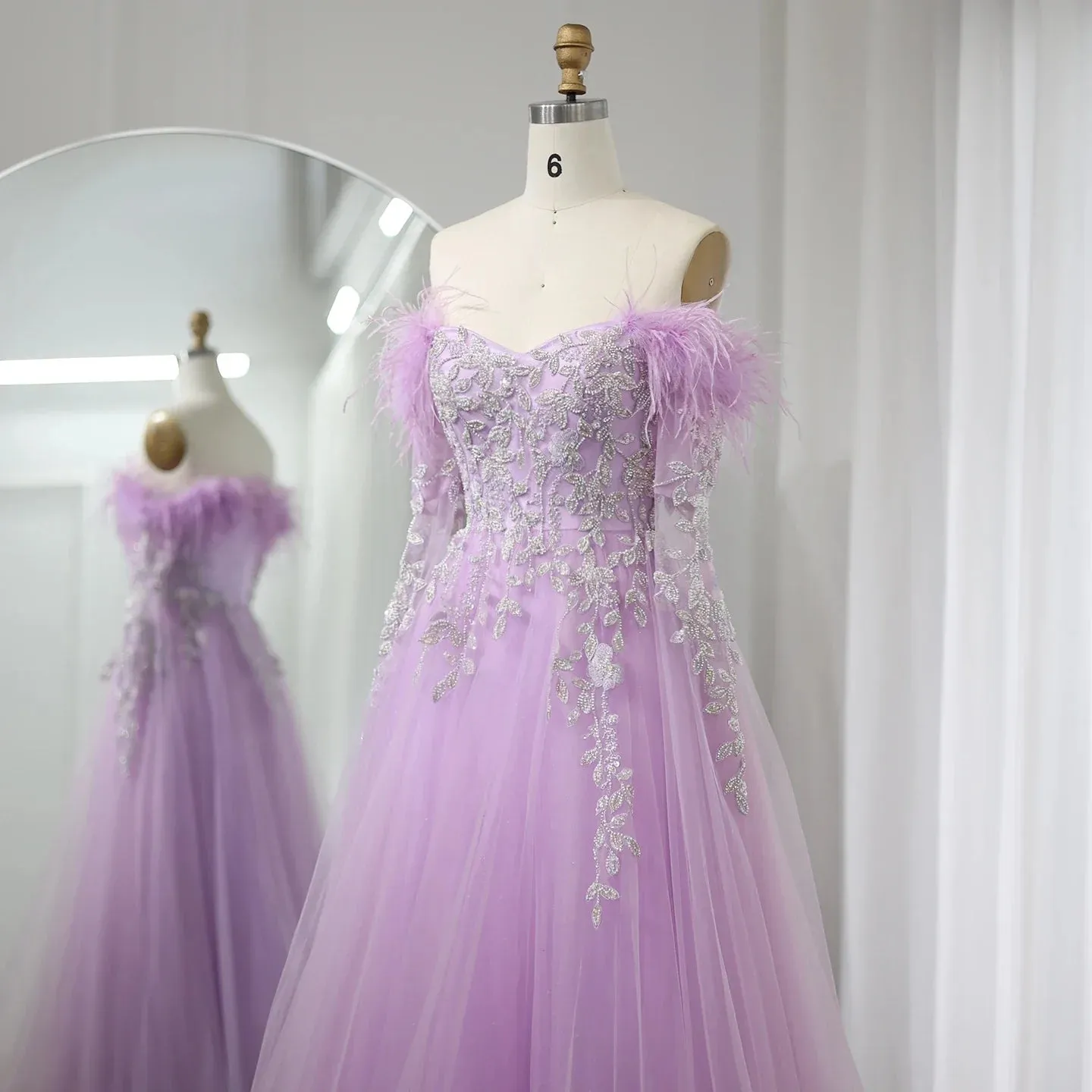 Luxury Feather Beaded Lilac Off Shoulder Evening Dress SS262