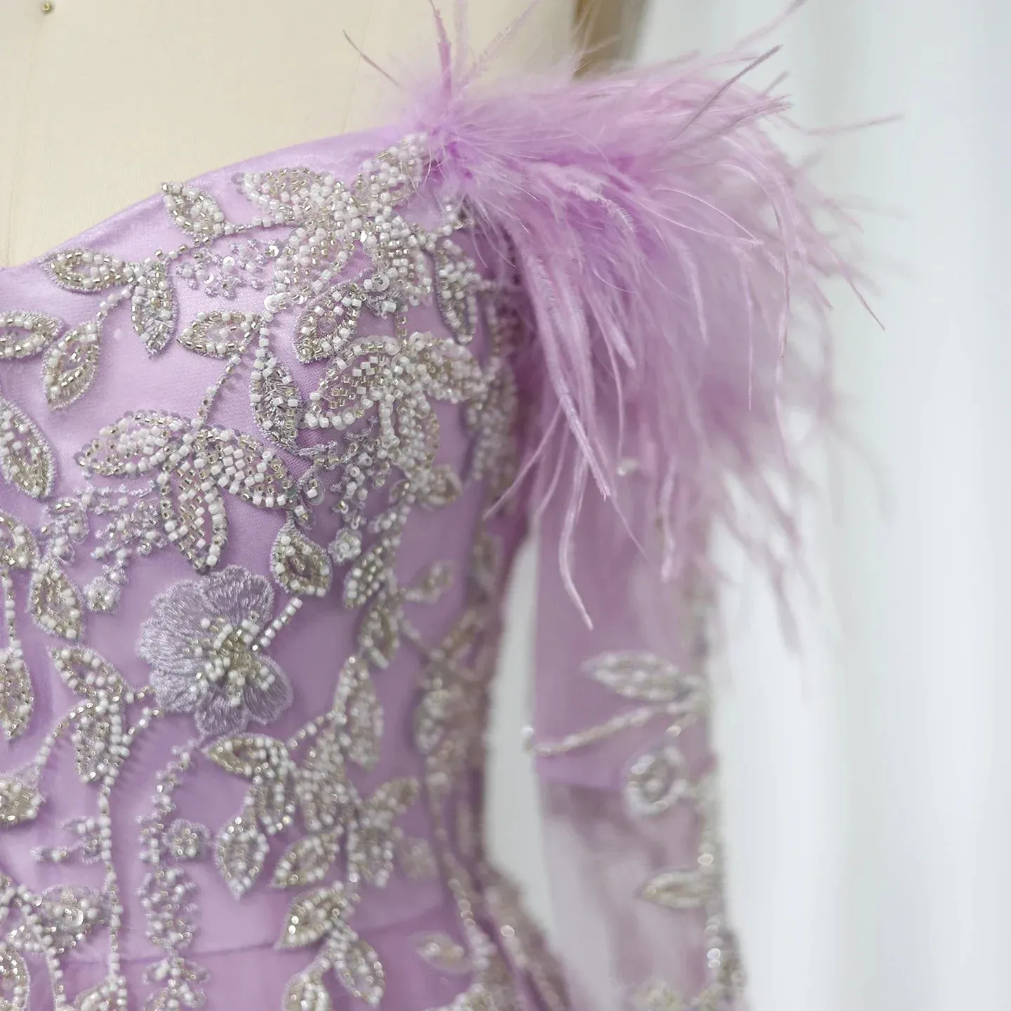 Luxury Feather Beaded Lilac Off Shoulder Evening Dress SS262