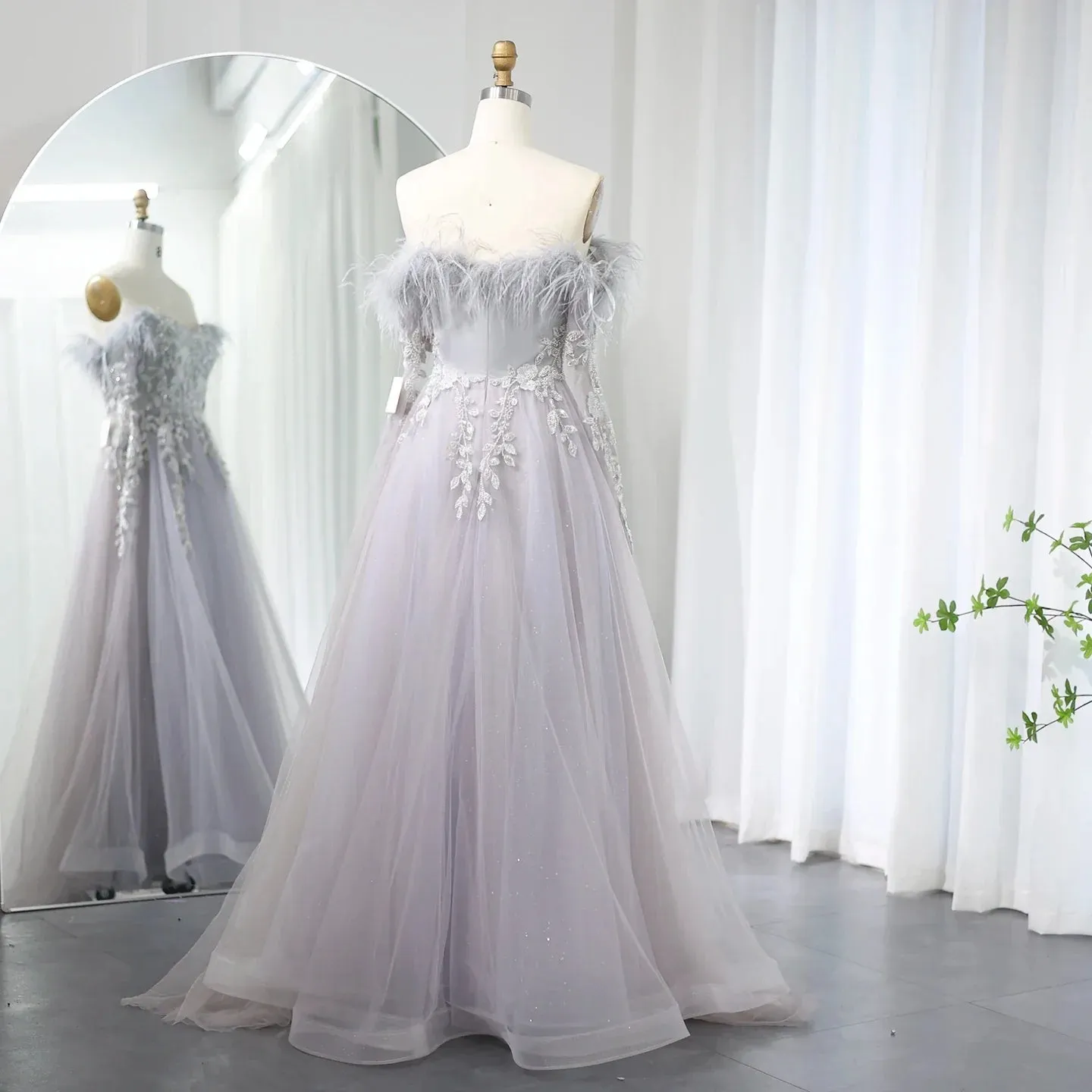 Luxury Feather Beaded Lilac Off Shoulder Evening Dress SS262