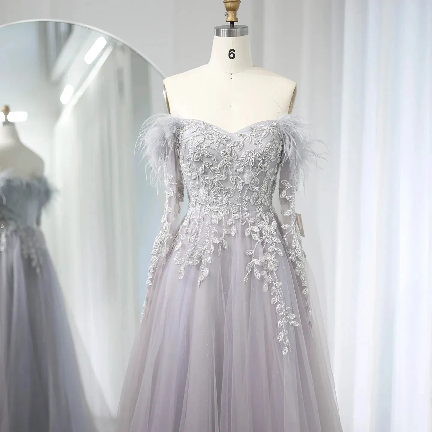 Luxury Feather Beaded Lilac Off Shoulder Evening Dress SS262