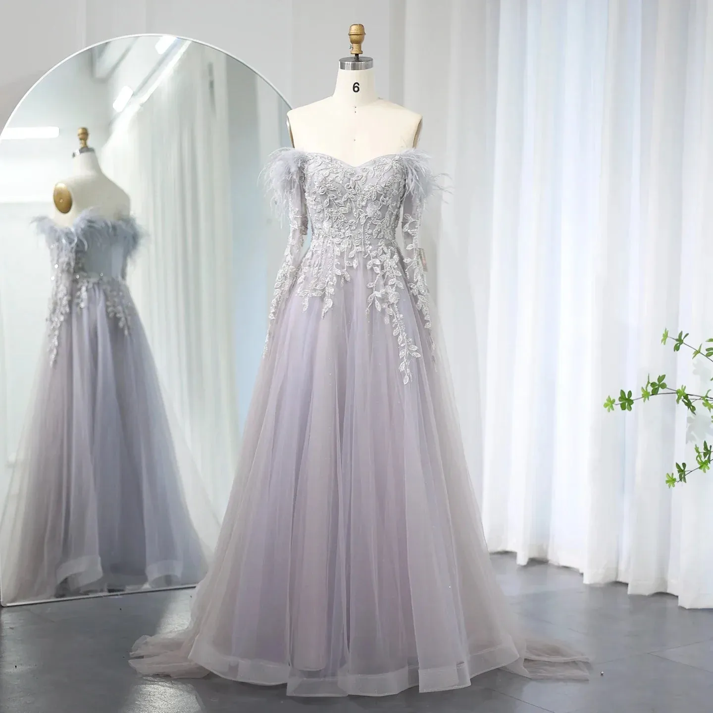 Luxury Feather Beaded Lilac Off Shoulder Evening Dress SS262