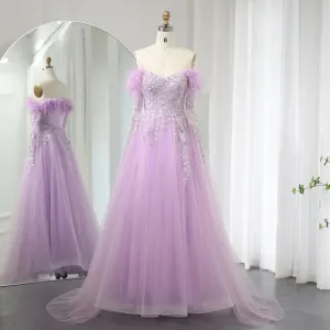 Luxury Feather Beaded Lilac Off Shoulder Evening Dress SS262