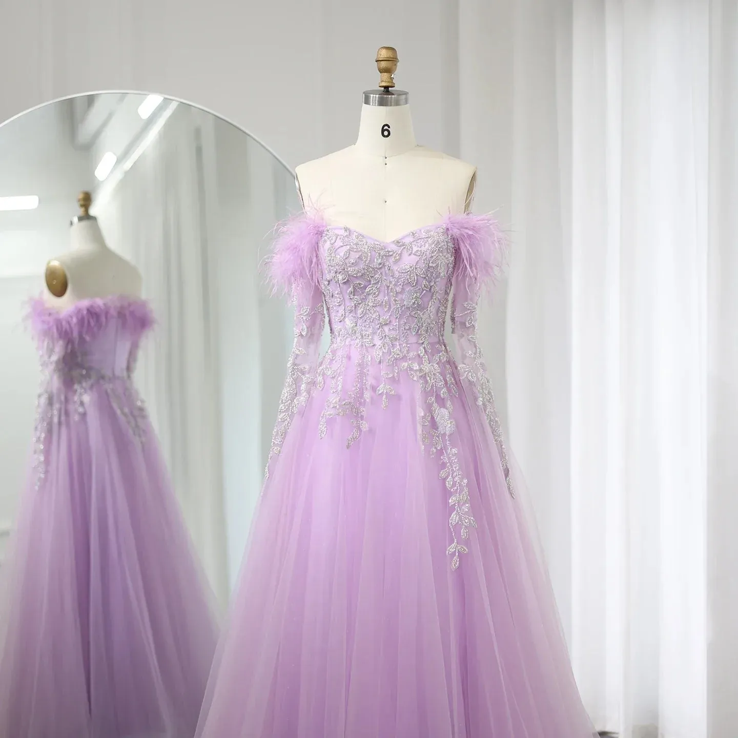 Luxury Feather Beaded Lilac Off Shoulder Evening Dress SS262