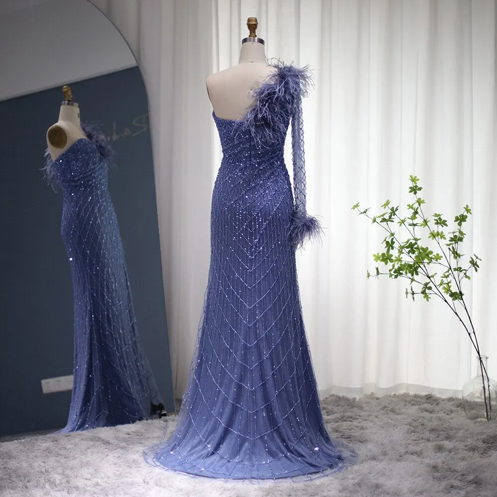 Luxury Feather Blue One Shoulder Evening Dress SS229