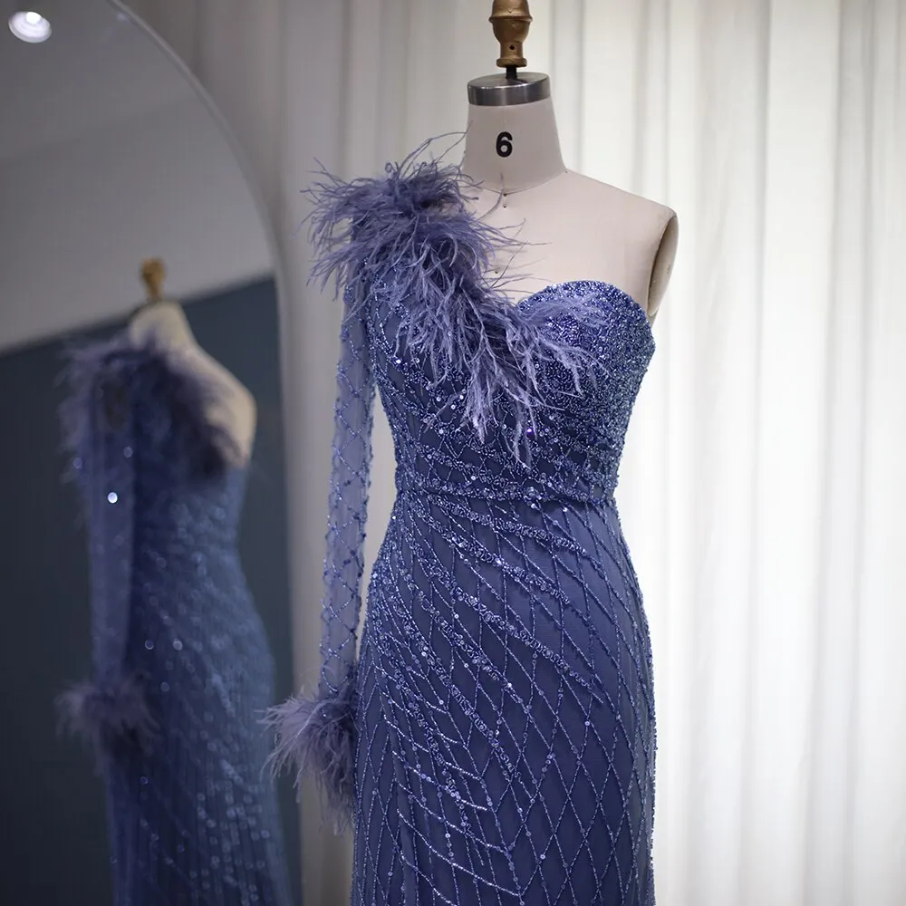 Luxury Feather Blue One Shoulder Evening Dress SS229