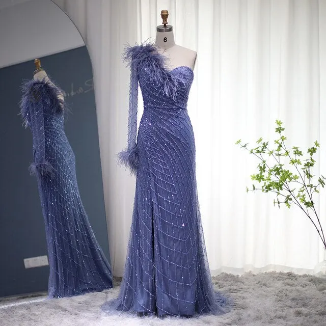 Luxury Feather Blue One Shoulder Evening Dress SS229