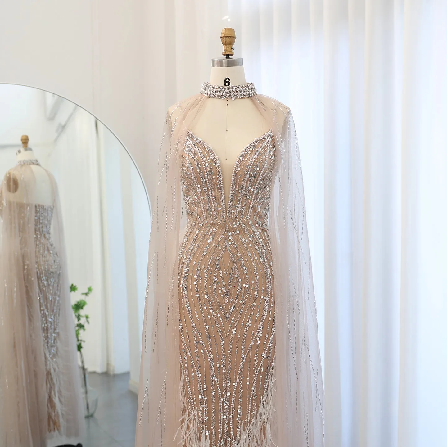 Luxury Feather Nude Mermaid Spaghetti Evening Dress with Cape SS185