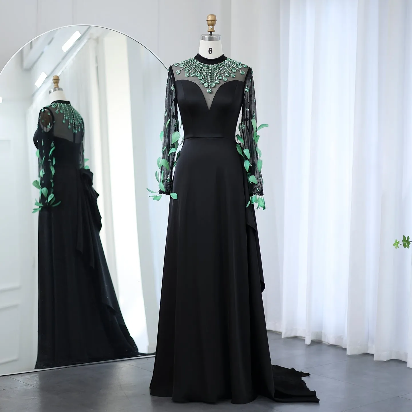 Luxury Feathers Black Long Sleeves Evening Dress SS457