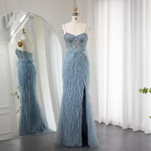Luxury Feathers Blue Spaghetti Strap Evening Dress SS125