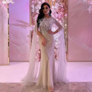 Luxury Feathers Evening Dress with Cape Sleeves SS348