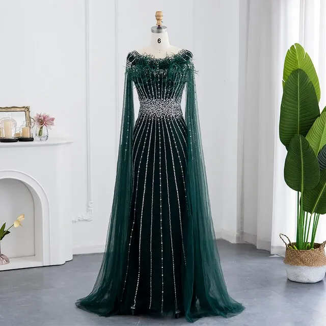 Luxury Feathers Evening Dress with Cape Sleeves SS348