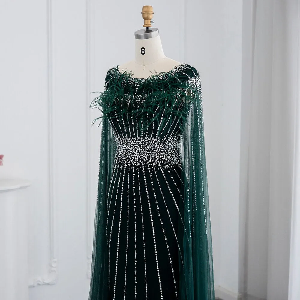 Luxury Feathers Evening Dress with Cape Sleeves SS348