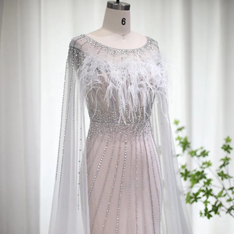 Luxury Feathers Evening Dress with Cape Sleeves SS348