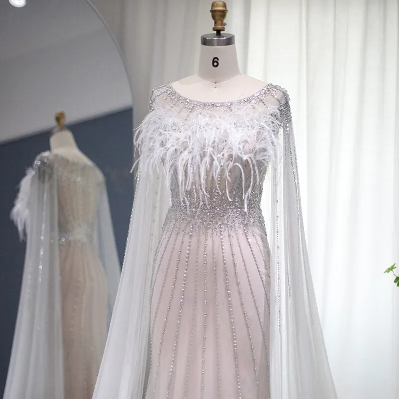 Luxury Feathers Evening Dress with Cape Sleeves SS348
