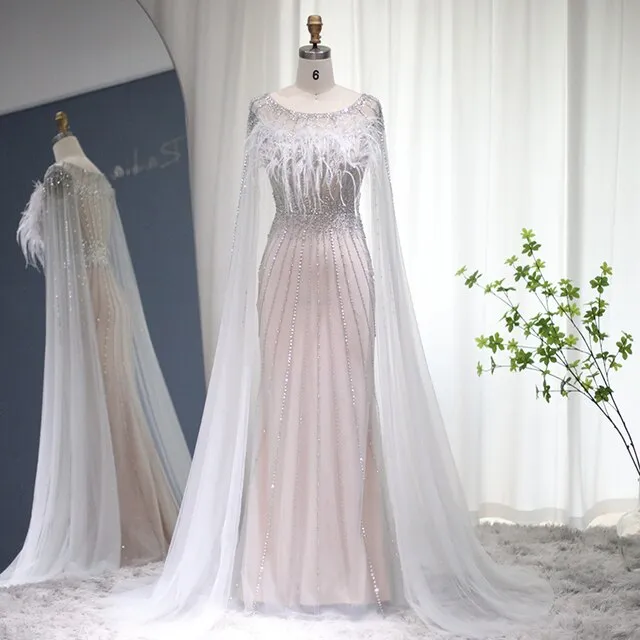 Luxury Feathers Evening Dress with Cape Sleeves SS348