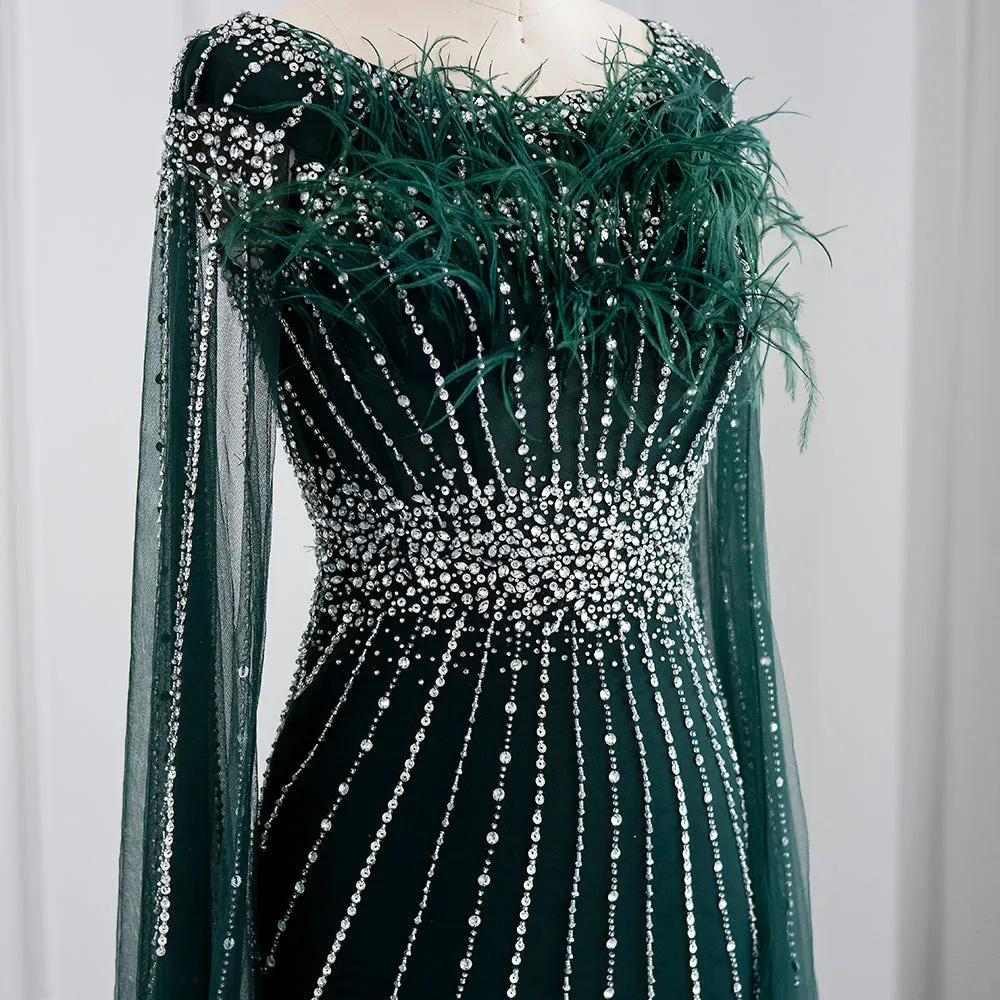 Luxury Feathers Evening Dress with Cape Sleeves SS348