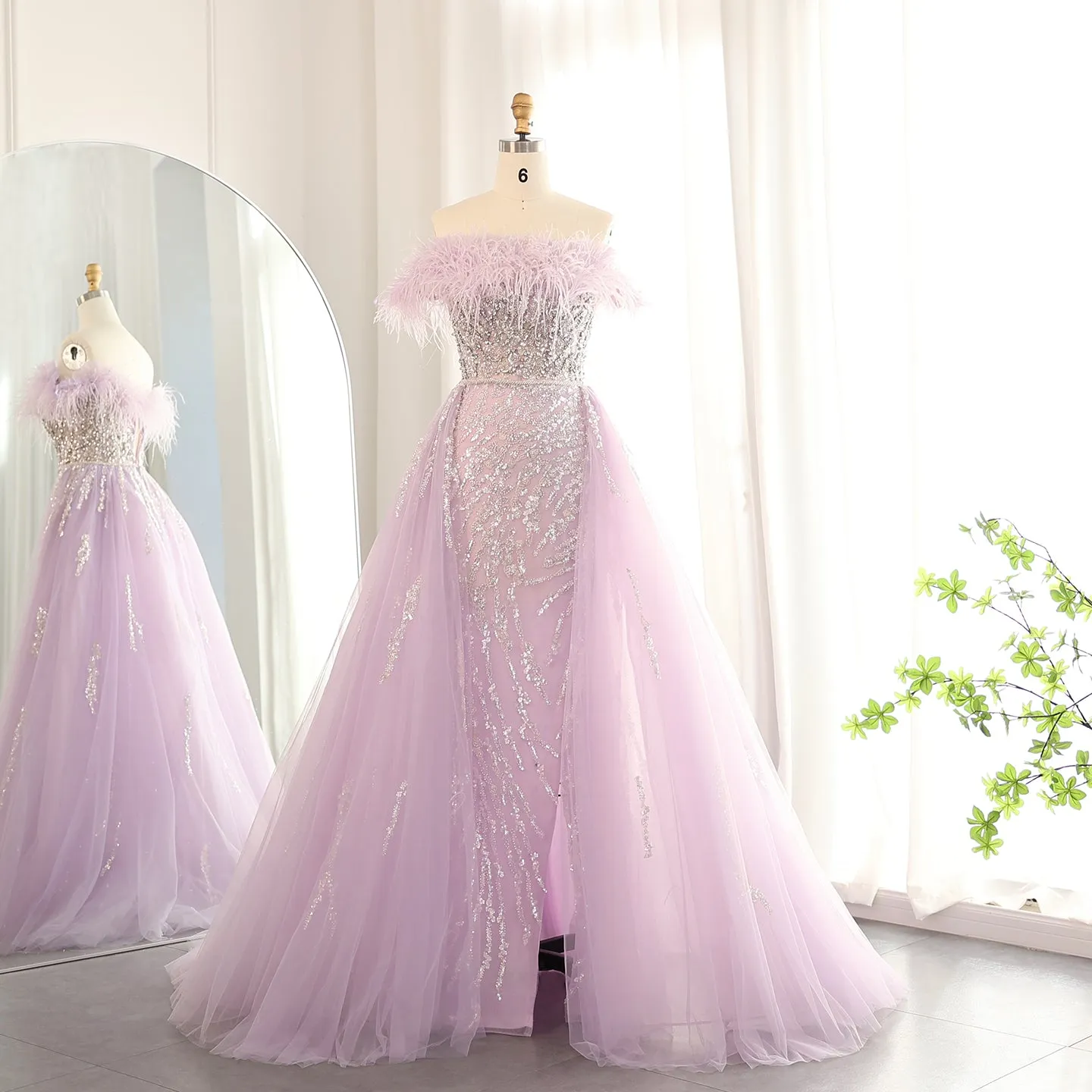 Luxury Feathers Lilac Evening Dress with Overskirt SS252