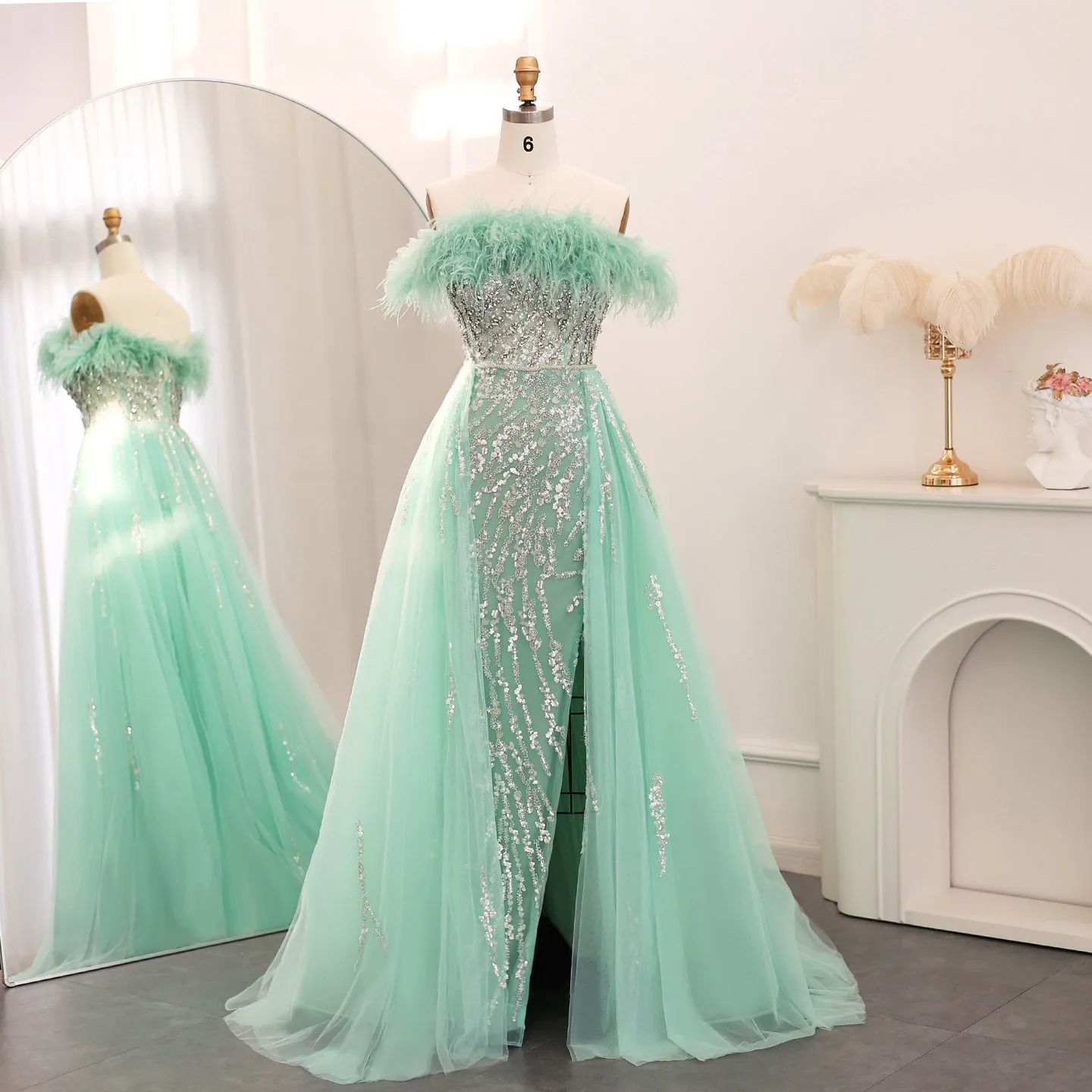 Luxury Feathers Lilac Evening Dress with Overskirt SS252