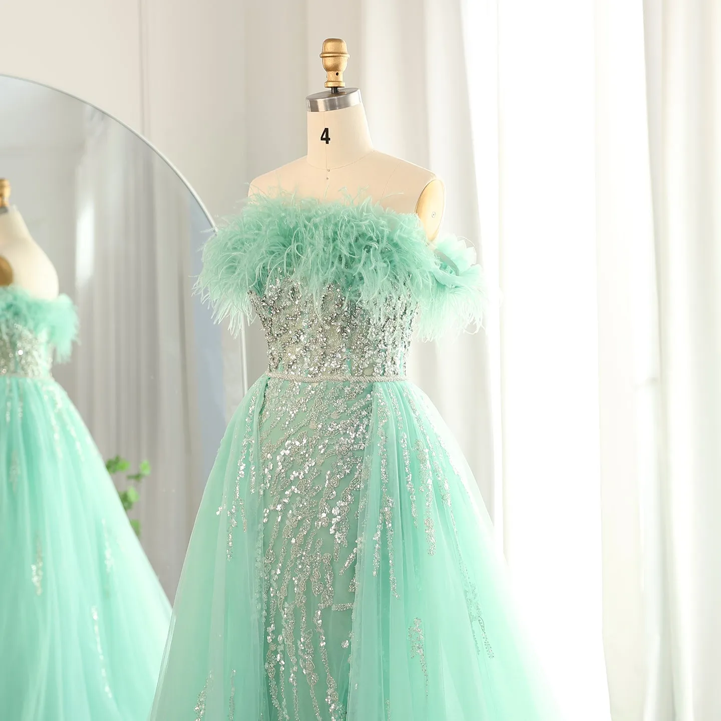 Luxury Feathers Lilac Evening Dress with Overskirt SS252