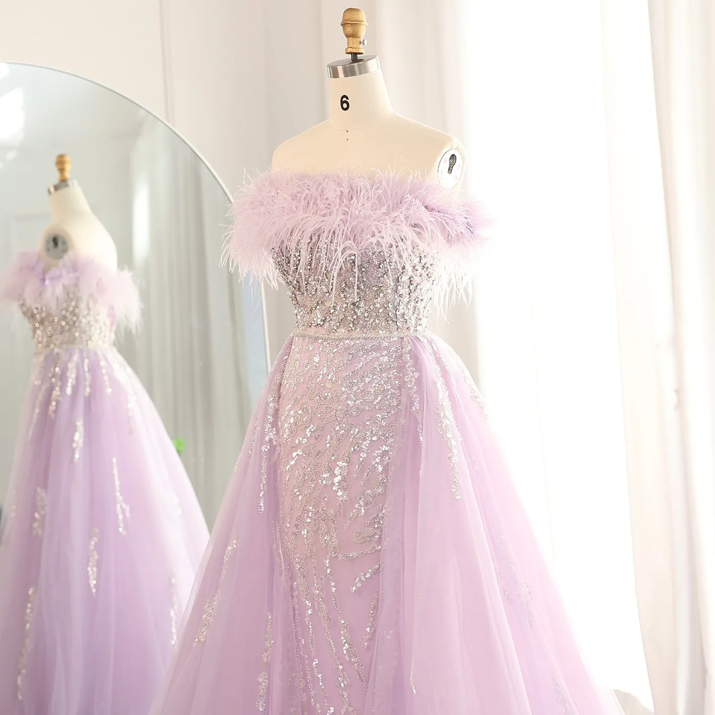 Luxury Feathers Lilac Evening Dress with Overskirt SS252