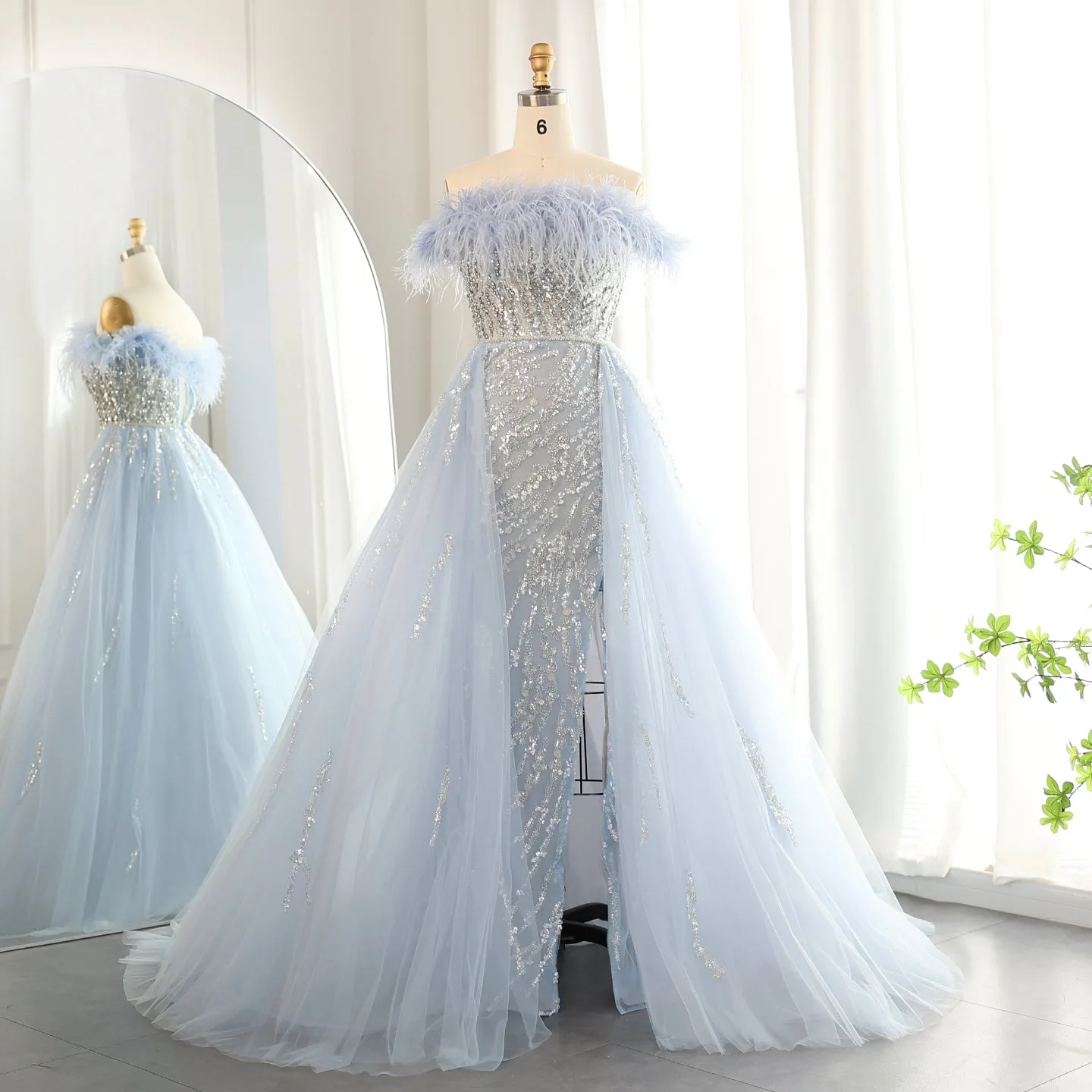 Luxury Feathers Lilac Evening Dress with Overskirt SS252