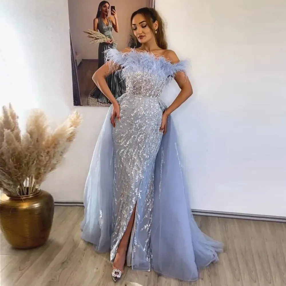 Luxury Feathers Lilac Evening Dress with Overskirt SS252