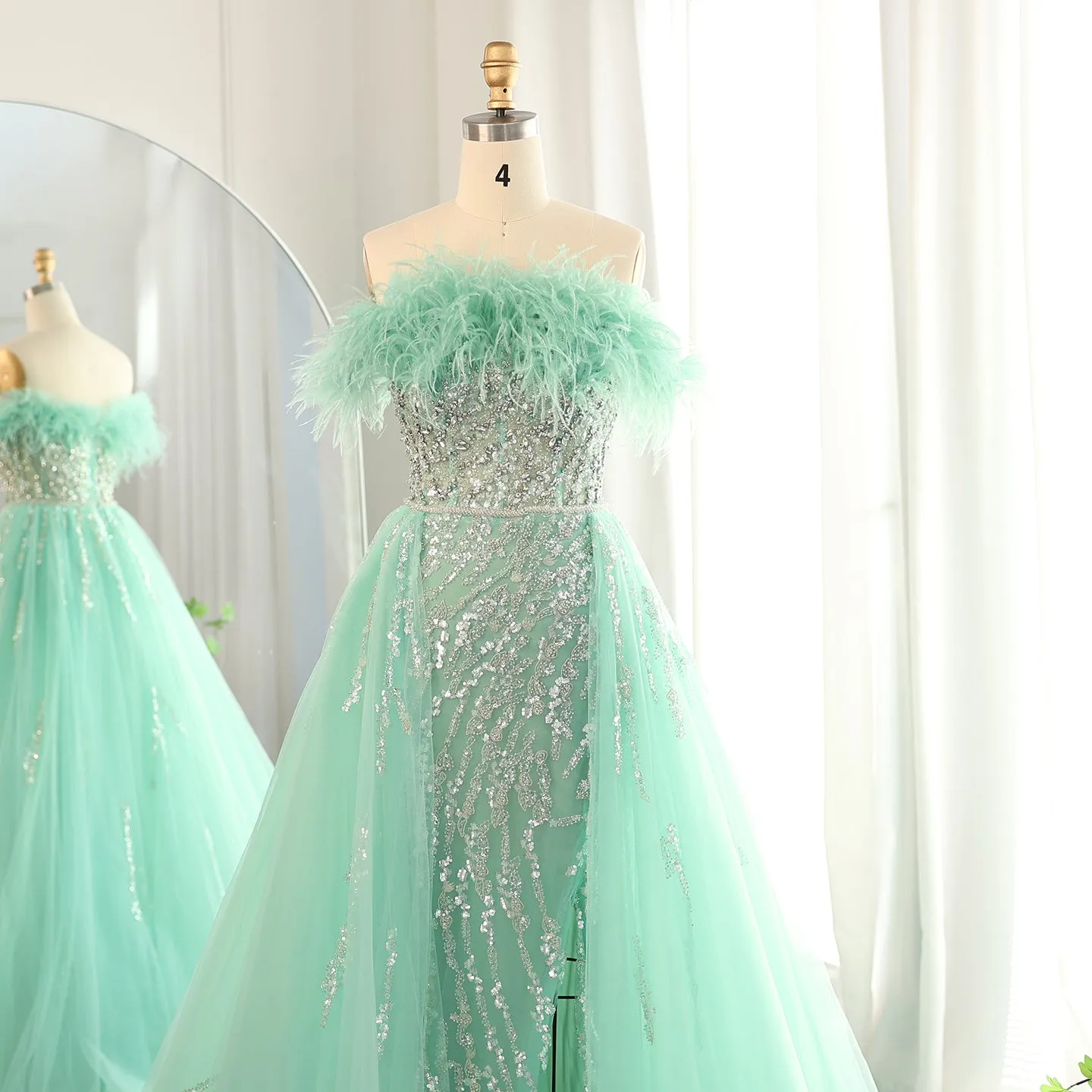 Luxury Feathers Lilac Evening Dress with Overskirt SS252