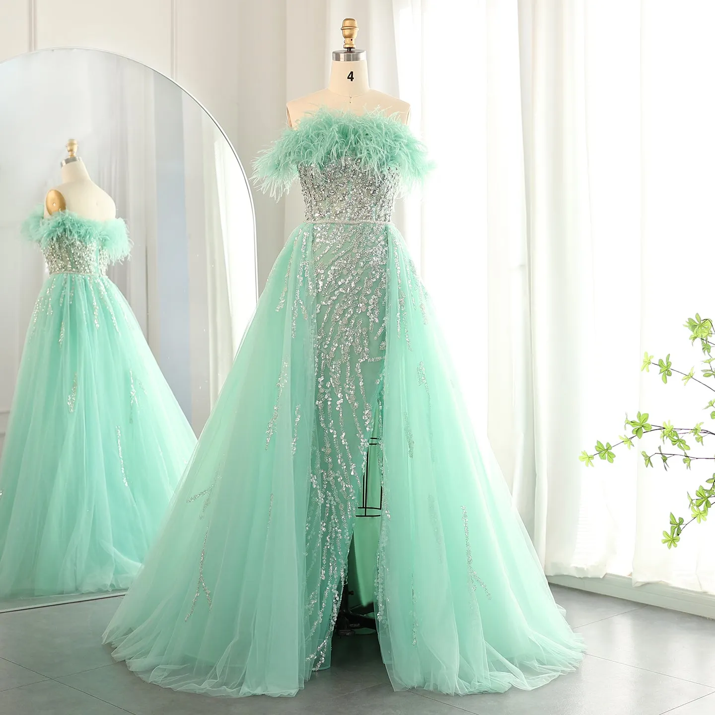 Luxury Feathers Lilac Evening Dress with Overskirt SS252