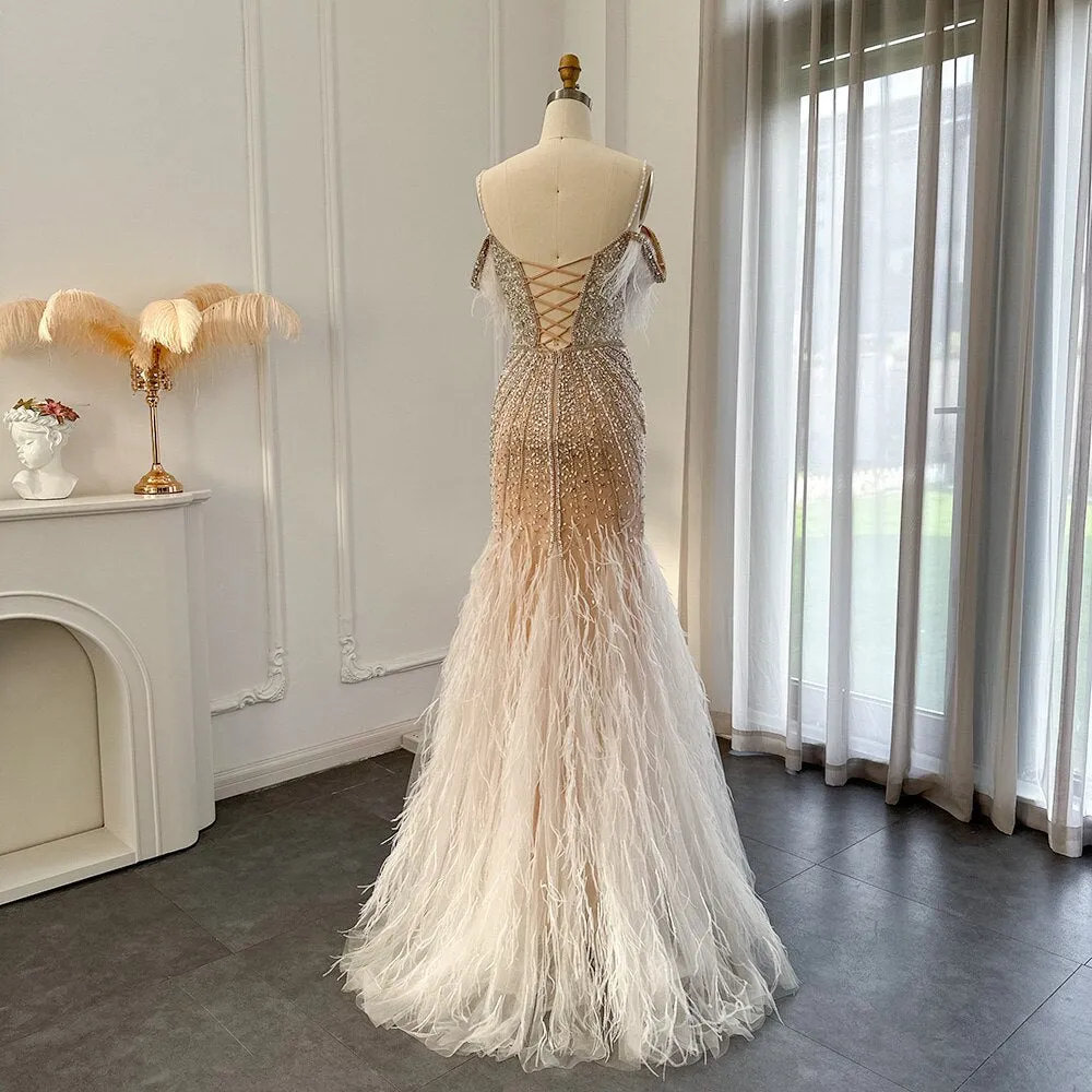 Luxury Feathers White Nude Off Shoulder Evening Dress SS121