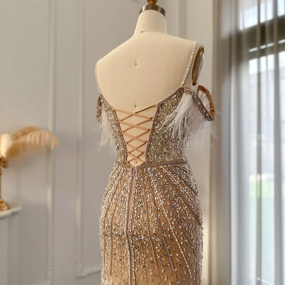 Luxury Feathers White Nude Off Shoulder Evening Dress SS121