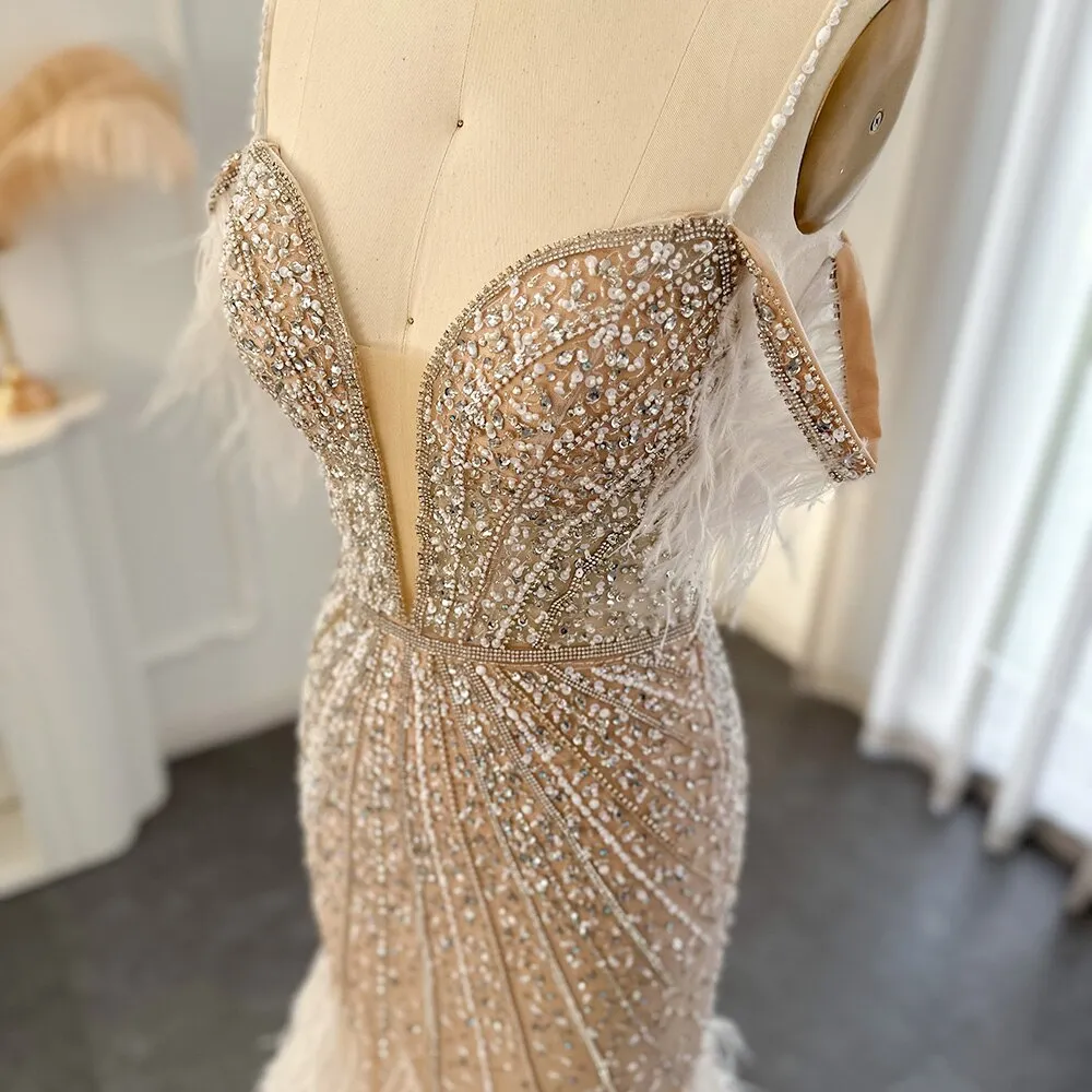 Luxury Feathers White Nude Off Shoulder Evening Dress SS121