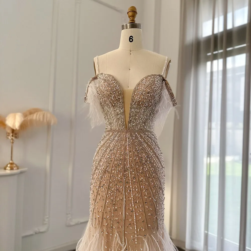 Luxury Feathers White Nude Off Shoulder Evening Dress SS121