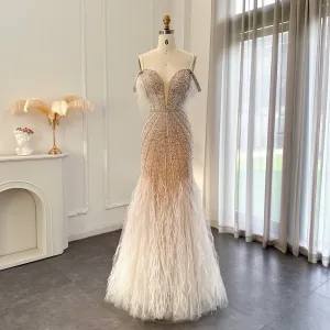 Luxury Feathers White Nude Off Shoulder Evening Dress SS121
